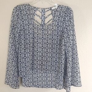 Blu Pepper Bohemian Navy White Geometric Print Bell Sleeve Blouse Size S Small
